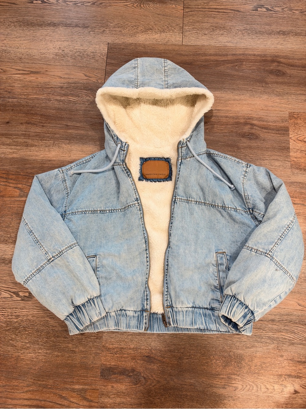 American Eagle Outfitters Light Blue Denim Bomber Jacket with Cream Sherpa Hood